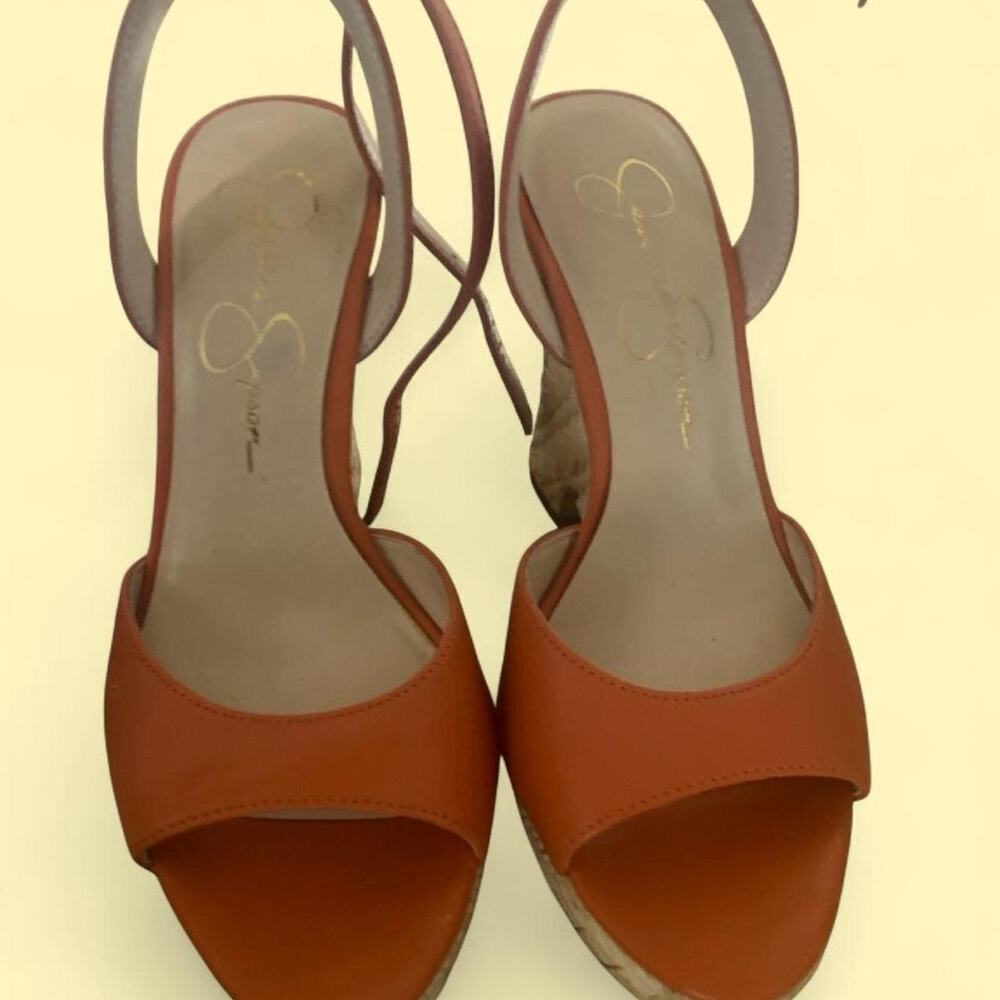 Orange leather wedge sandals with